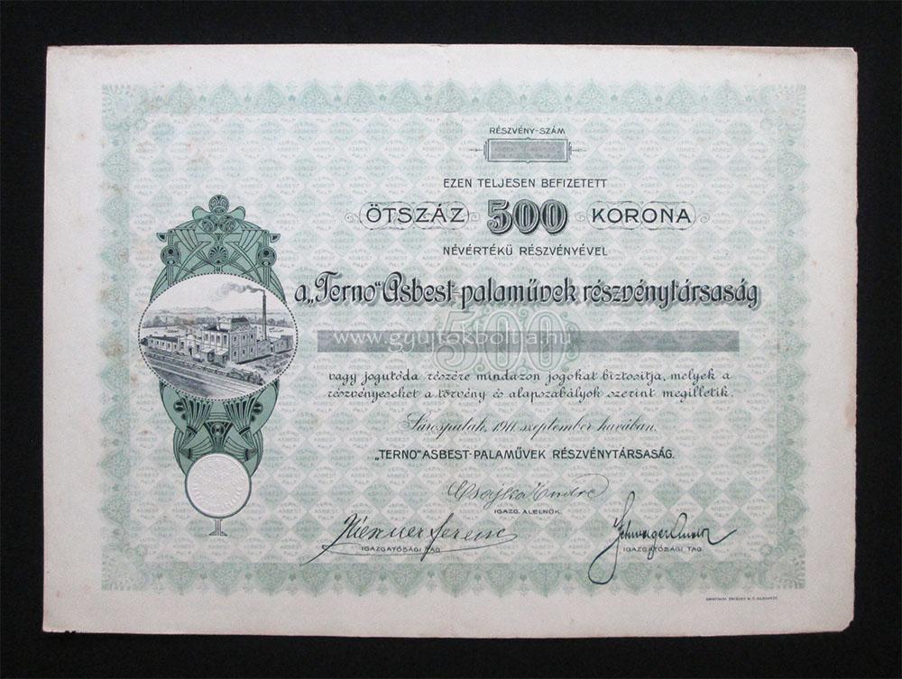 Terno Asbest-palaművek részvény 500 korona 1911 Sárospatak
